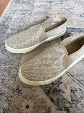 Vince Neutral Beige linen blend and suede slip on Sneakers
